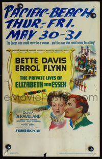 2t345 PRIVATE LIVES OF ELIZABETH & ESSEX WC '39 different art of Queen Bette Davis & Errol Flynn!