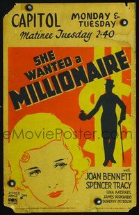 2t369 SHE WANTED A MILLIONAIRE WC '31 great deco close up art of sad Joan Bennett, Spencer Tracy