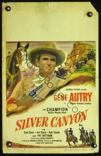 2t376 SILVER CANYON window card poster '51 cool artwork of cowboy Gene Autry with gun & Champion!