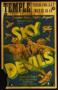 2t379 SKY DEVILS window card '32 Howard Hughes, great stone litho art of top stars & plane crashing!