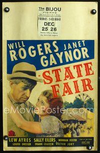 2t394 STATE FAIR window card R36 close image of Will Rogers & Janet Gaynor w/carnival in background!