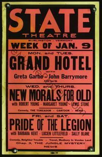 2t395 STATE THEATRE JAN 9 window card poster '32 Grand Hotel with Greta Garbo & John Barrymore!