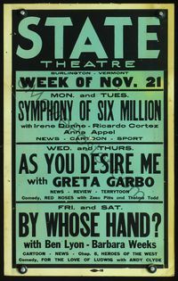 2t399 STATE THEATRE NOV 21 WC '32 As You Desire Me with Greta Garbo, Symphony of Six Million