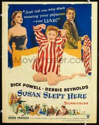 2t404 SUSAN SLEPT HERE window card poster '54 great artwork of sexy Debbie Reynolds & Dick Powell!