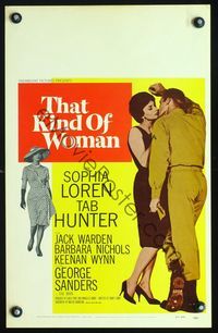 2t417 THAT KIND OF WOMAN window card '59 full-length image of sexy Sophia Loren kissing Tab Hunter!