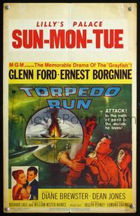 2t441 TORPEDO RUN window card '58 artwork of Glenn Ford & Ernest Borgnine in submarine at periscope!