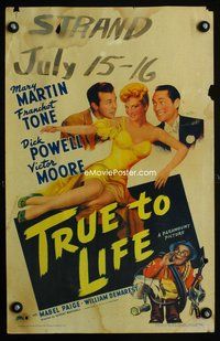 2t446 TRUE TO LIFE window card poster '43 artwork of sexy Mary Martin, Dick Powell & Franchot Tone!