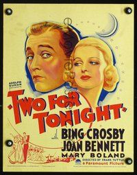 2t449 TWO FOR TONIGHT window card '35 great close up artwork of Bing Crosby & sexy Joan Bennett!