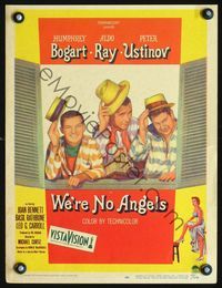2t474 WE'RE NO ANGELS WC '55 art of Humphrey Bogart, Aldo Ray & Peter Ustinov tipping their hats!