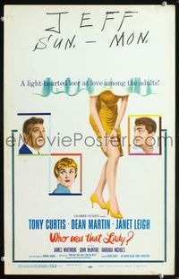 2t482 WHO WAS THAT LADY window card movie poster '60 Tony Curtis, sexy Janet Leigh & Dean Martin!