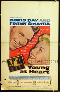2t496 YOUNG AT HEART window card '54 great close up image of smiling Doris Day & Frank Sinatra!