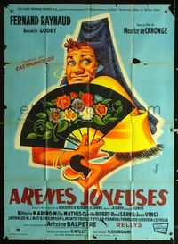 2u334 ARENES JOYEUSES style B French 1p '58 wacky art of Fernand Raynaud in drag with fan by Hurel!