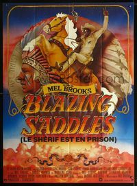 2u350 BLAZING SADDLES French 1panel '74 classic Mel Brooks western, art of Cleavon Little on horse!