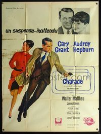 2u361 CHARADE French one-panel '63 great full-length art of Cary Grant & Audrey Hepburn on the run!