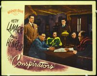 2v058 CONSPIRATORS lobby card '44 Hedy Lamarr, Peter Lorre & Sydney Greenstreet sitting at table!