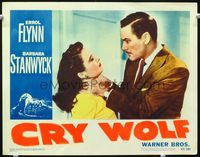 2v067 CRY WOLF lobby card '47 close up of Errol Flynn choking the life out of Barbara Stanwyck!