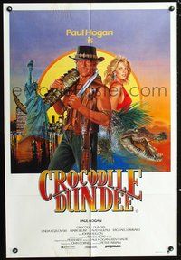 2w279 CROCODILE DUNDEE Aust 1sheet '86 cool art of Paul Hogan w/crocodile over New York by Clinton!