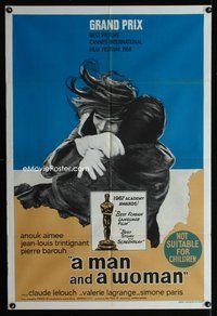 2w382 MAN & A WOMAN AA style Aust one-sheet '66 Claude Lelouch, Anouk Aimee, Un homme et une femme