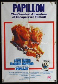 2w405 PAPILLON Aust one-sheet poster '73 great art of Steve McQueen & Dustin Hoffman by Tom Jung!