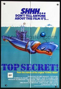 2w488 TOP SECRET sub style Aust one-sheet '84 Val Kilmer in Zucker Bros. James Bond spy spoof!