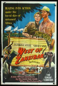2w497 WEST OF ZANZIBAR Aust movie one-sheet poster '54 Anthony Steel, Sheila Sim, safari adventure!