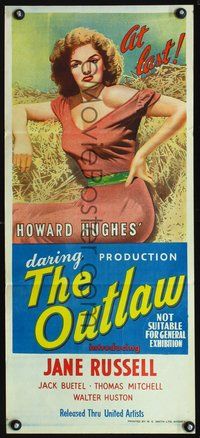 2w780 OUTLAW Australian daybill movie poster '47 sexy Jane Russell in the hay, Howard Hughes