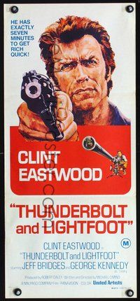 2w923 THUNDERBOLT & LIGHTFOOT Australian daybill poster '74 artwork of Clint Eastwood with revolver!