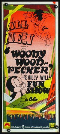 2w958 WOODY WOODPECKER CHILLY WILLY FUN SHOW Australian daybill poster '70s colorful cartoon art!