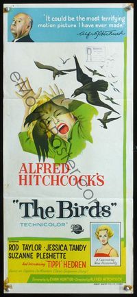 2w530 BIRDS Australian daybill '63 Alfred Hitchcock shown, art of Tippi Hedren attacked by birds!