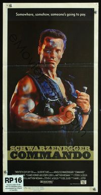 2w547 COMMANDO Australian daybill poster '85 Arnold Schwarzenegger is going to make someone pay!