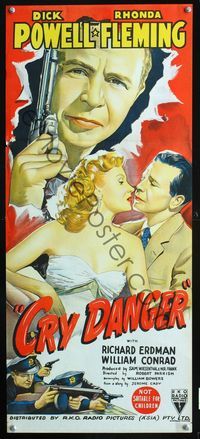 2w553 CRY DANGER Australian daybill poster '51 great film noir art of Dick Powell & Rhonda Fleming!