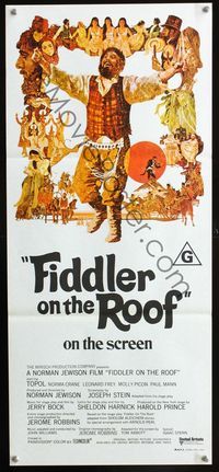 2w581 FIDDLER ON THE ROOF Australian daybill movie poster '72 cool artwork of Topol by Ted CoConis!