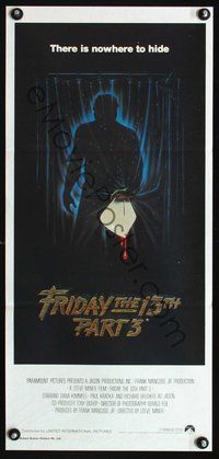 2w592 FRIDAY THE 13th 3 - 3D Aust daybill '82 slasher sequel, art of Jason stabbing through shower!