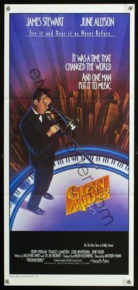2w602 GLENN MILLER STORY Aust daybill R85 art of James Stewart playing trombone in New York City!