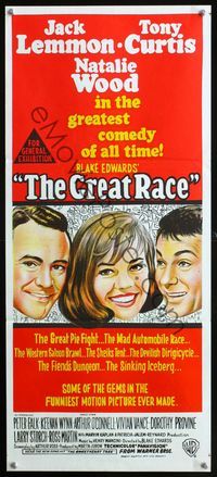 2w612 GREAT RACE Australian daybill poster '65 headshots of Tony Curtis, Jack Lemmon & Natalie Wood!