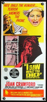 2w650 I SAW WHAT YOU DID Australian daybill poster '65 Joan Crawford, William Castle, uxoricide!