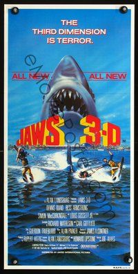 2w663 JAWS 3-D 3D Aust daybill '83 great Gary Meyer shark artwork, the third dimension is terror!