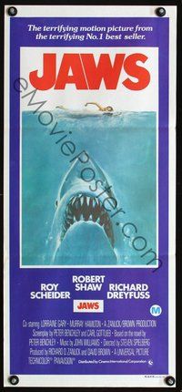 2w661 JAWS Aust daybill '75 artwork of Steven Spielberg's classic shark attacking sexy swimmer!