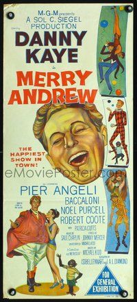 2w736 MERRY ANDREW Australian daybill poster '58 art of laughing Danny Kaye, Pier Angeli & chimp!