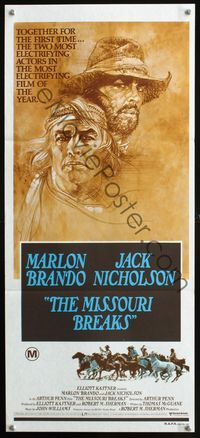 2w741 MISSOURI BREAKS Australian daybill '76 art of Marlon Brando & Jack Nicholson by Bob Peak!
