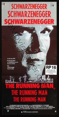 2w841 RUNNING MAN Australian daybill poster '87 huge close up headshot of Arnold Schwarzenegger!