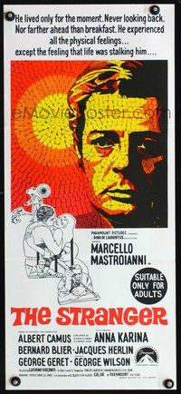 2w895 STRANGER Aust daybill '68 Luchino Visconti's Lo Straniero, art of Mastroianni by Enzo Nistri!