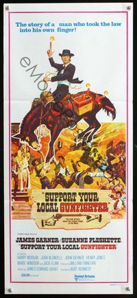 2w900 SUPPORT YOUR LOCAL GUNFIGHTER Aust daybill '71 wacky art of James Garner riding a horse!