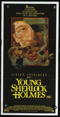 2w964 YOUNG SHERLOCK HOLMES Aust daybill '85 Steven Spielberg, Nicholas Rowe, cool detective art!