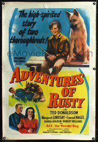 2x021 ADVENTURES OF RUSTY linen 1sh '45 the high-spirited story of boy and his German Shepherd dog!