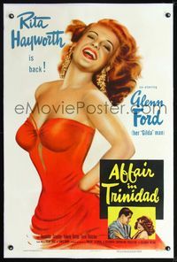 2x022 AFFAIR IN TRINIDAD linen 1sh '52 best art of sexiest Rita Hayworth laughing in low-cut dress!