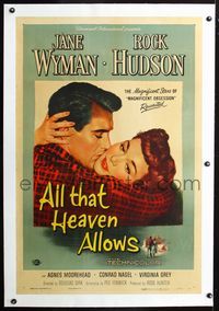 2x026 ALL THAT HEAVEN ALLOWS linen 1sh '55 close up romantic art of Rock Hudson & blind Jane Wyman!
