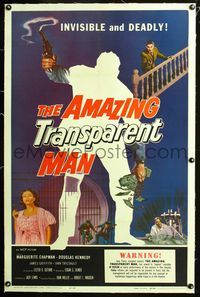 2x027 AMAZING TRANSPARENT MAN linen one-sheet '59 Edgar Ulmer, cool fx art of the invisible convict!
