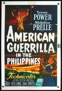 2x030 AMERICAN GUERRILLA IN THE PHILIPPINES linen 1sheet '50 art of Tyrone Power & Micheline Prelle!