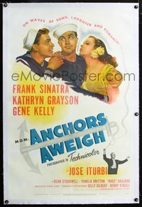 2x032 ANCHORS AWEIGH linen 1sh '45 art of sailors Frank Sinatra & Gene Kelly with Kathryn Grayson!